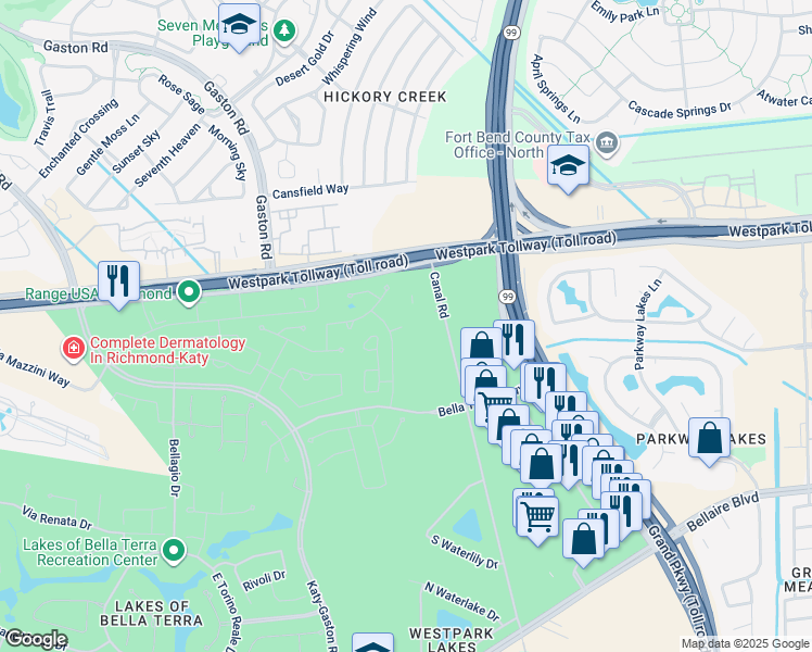 map of restaurants, bars, coffee shops, grocery stores, and more near 12240 Bella Terra Center Way in Richmond