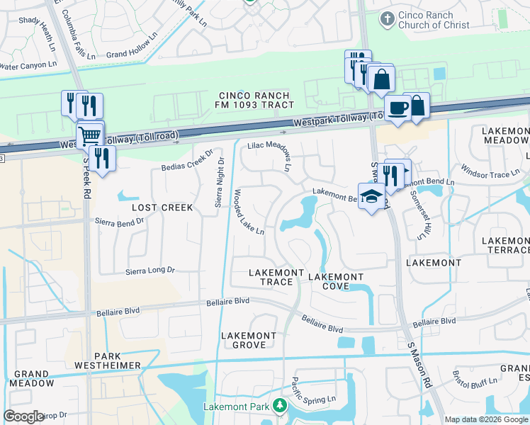 map of restaurants, bars, coffee shops, grocery stores, and more near 21107 Wakefield Meadow Court in Richmond