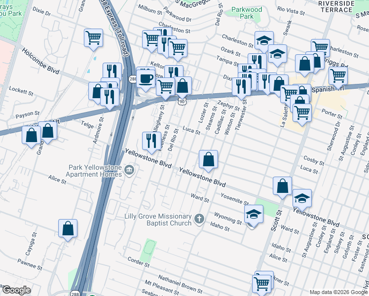 map of restaurants, bars, coffee shops, grocery stores, and more near 6711 Burkett Street in Houston