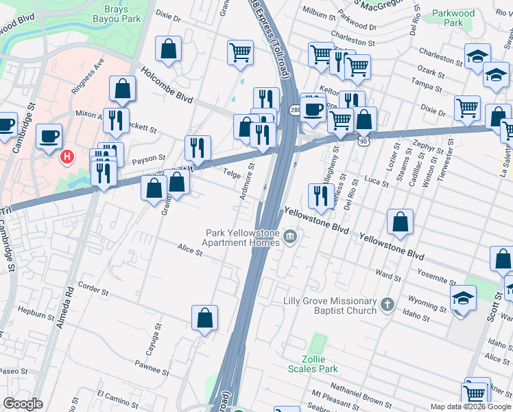 map of restaurants, bars, coffee shops, grocery stores, and more near 6897 Ardmore Street in Houston