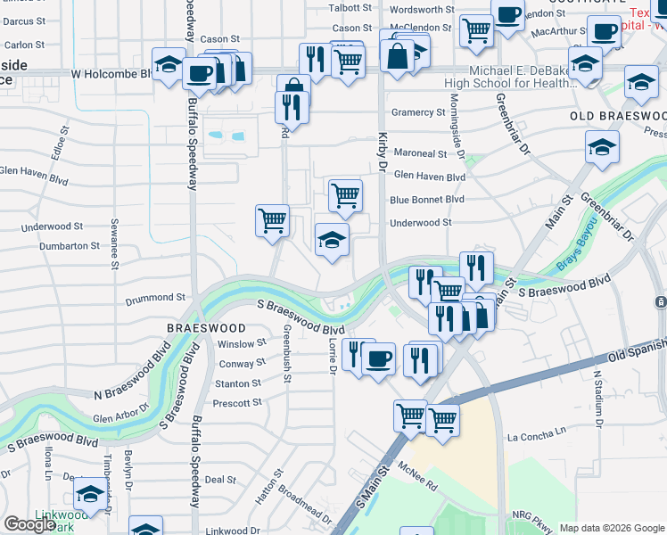map of restaurants, bars, coffee shops, grocery stores, and more near 7550 Seuss Drive in Houston