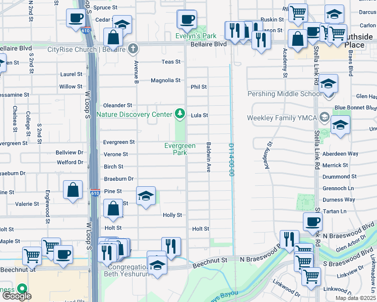 map of restaurants, bars, coffee shops, grocery stores, and more near 4424 Wendell Street in Bellaire