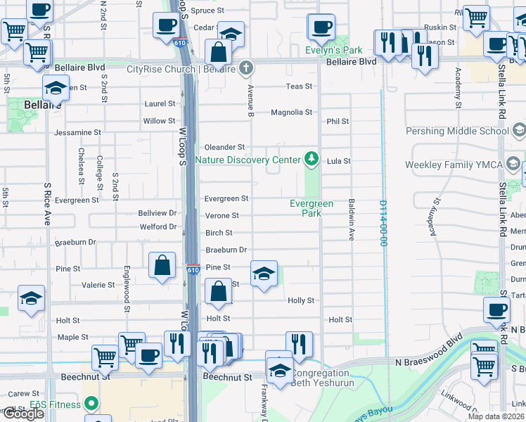 map of restaurants, bars, coffee shops, grocery stores, and more near 4527 Evergreen Street in Bellaire