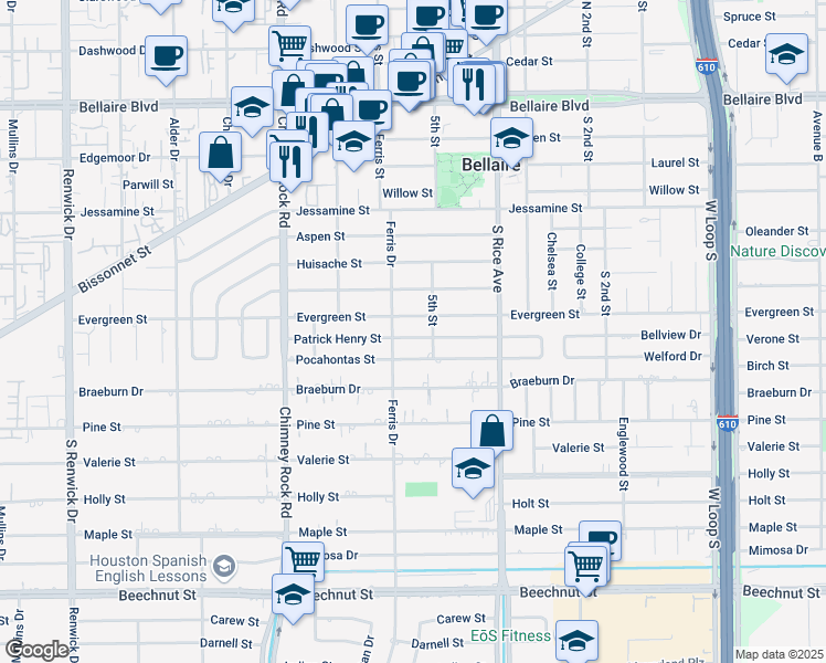 map of restaurants, bars, coffee shops, grocery stores, and more near 5200 Evergreen Street in Bellaire