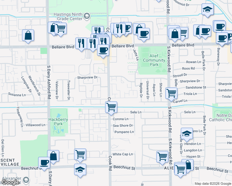 map of restaurants, bars, coffee shops, grocery stores, and more near 7241 Cook Road in Houston