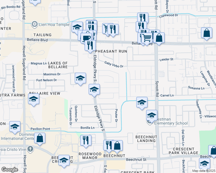 map of restaurants, bars, coffee shops, grocery stores, and more near 13538 Sharpbill Drive in Houston