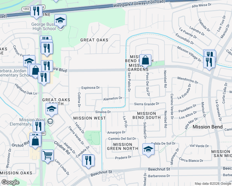 map of restaurants, bars, coffee shops, grocery stores, and more near 16411 Espinosa Drive in Houston