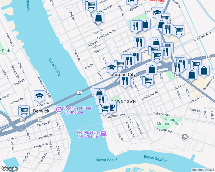 map of restaurants, bars, coffee shops, grocery stores, and more near 812-832 Arkansas Street in Morgan City