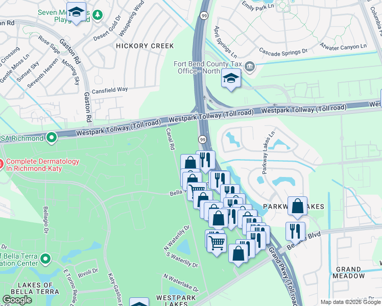 map of restaurants, bars, coffee shops, grocery stores, and more near 5270 West Grand Parkway South in Richmond
