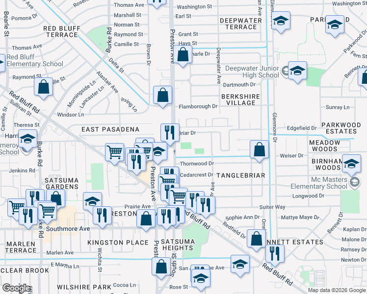map of restaurants, bars, coffee shops, grocery stores, and more near 701 Preston Road in Pasadena