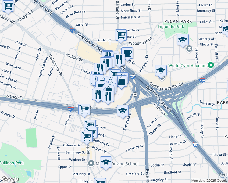 map of restaurants, bars, coffee shops, grocery stores, and more near 910 Gulfgate Center Mall in Houston