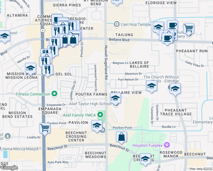 map of restaurants, bars, coffee shops, grocery stores, and more near 7555 Howell Sugar Land Road in Houston