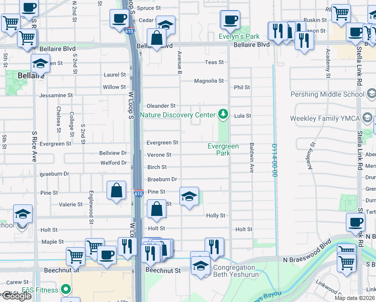 map of restaurants, bars, coffee shops, grocery stores, and more near 4527 Evergreen Street in Bellaire