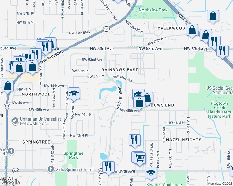 map of restaurants, bars, coffee shops, grocery stores, and more near 4704 Northwest 24th Boulevard in Gainesville