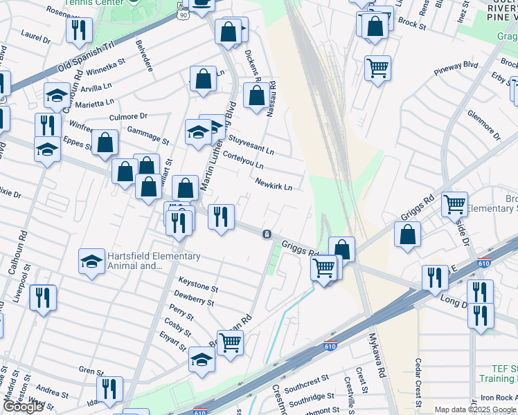 map of restaurants, bars, coffee shops, grocery stores, and more near 5311 Griggs Road in Houston