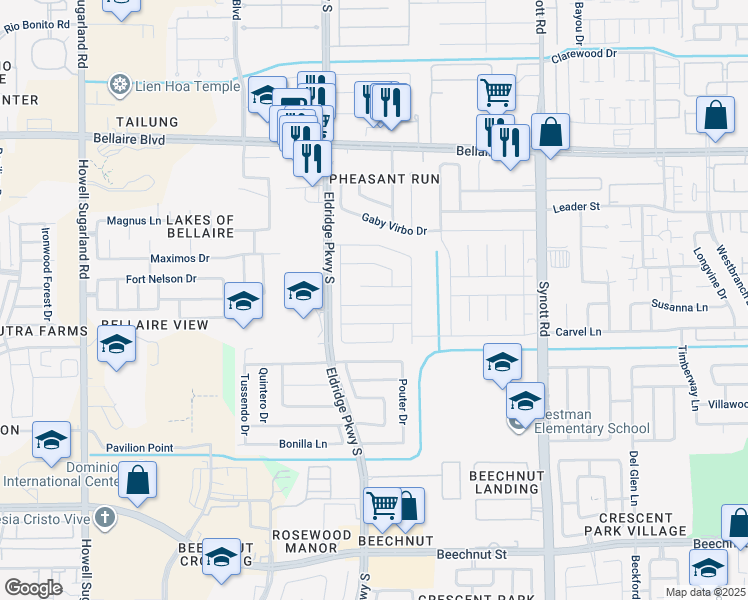 map of restaurants, bars, coffee shops, grocery stores, and more near 13538 Sharpbill Drive in Houston