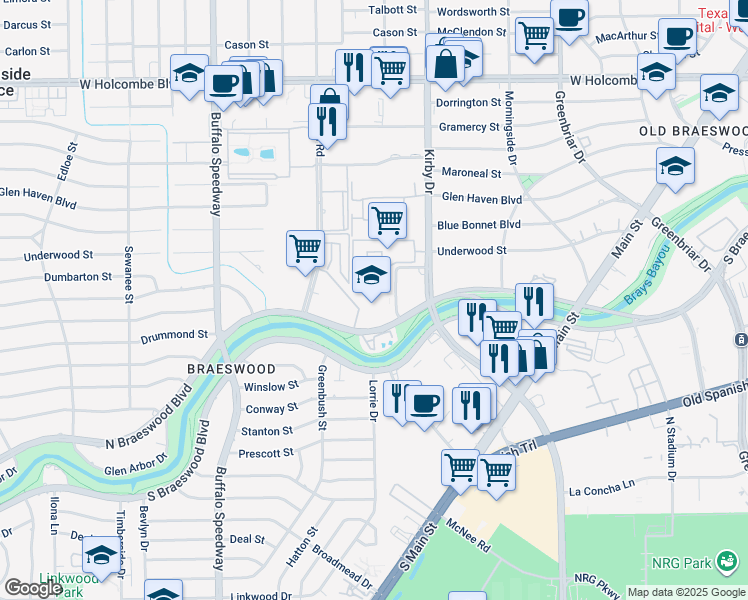 map of restaurants, bars, coffee shops, grocery stores, and more near 7550 Seuss Drive in Houston