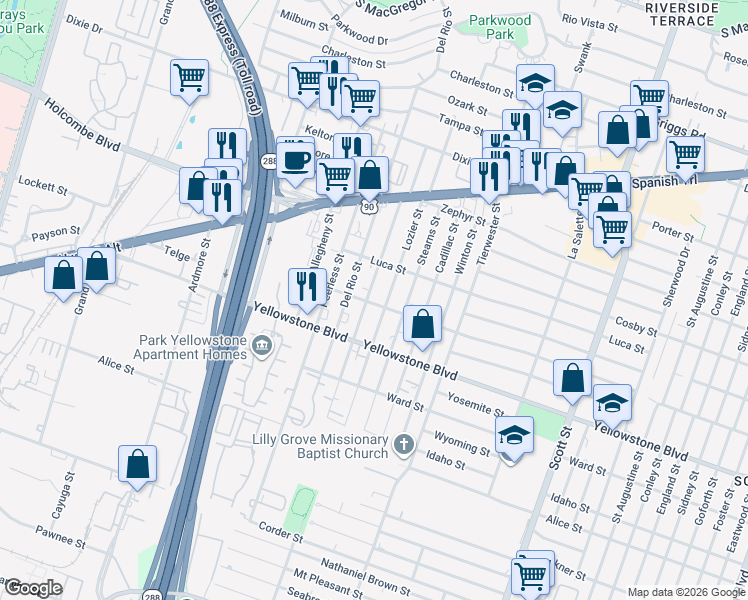 map of restaurants, bars, coffee shops, grocery stores, and more near 6711 Burkett Street in Houston