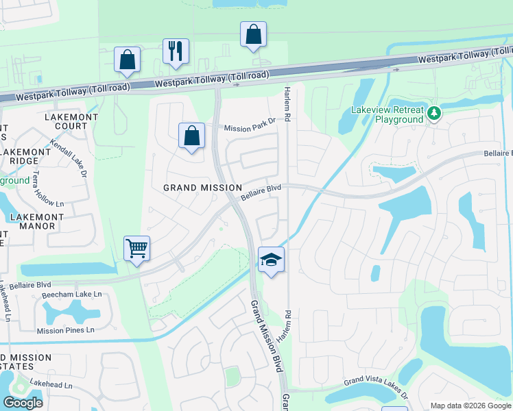 map of restaurants, bars, coffee shops, grocery stores, and more near 4747 Bellaire Boulevard in Richmond