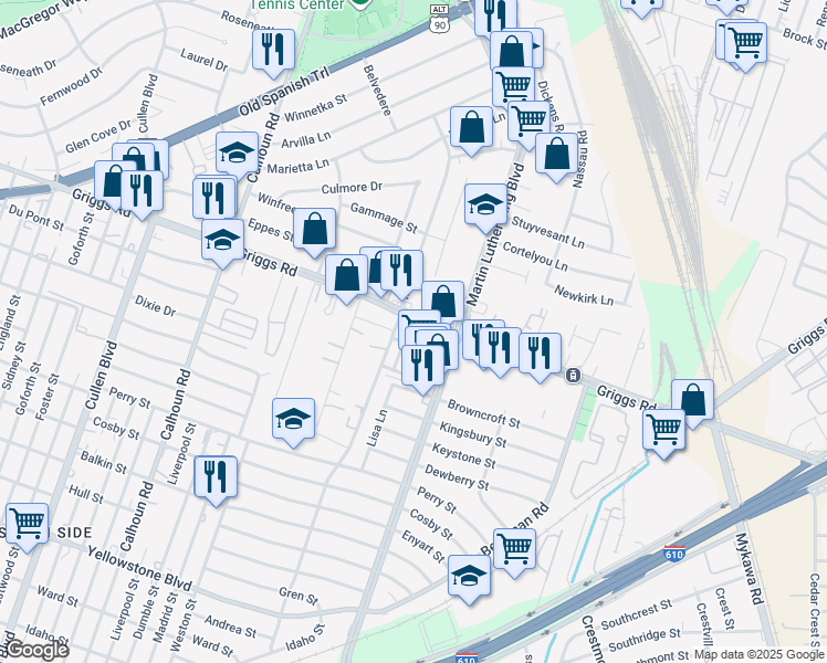 map of restaurants, bars, coffee shops, grocery stores, and more near 5110 Griggs Road in Houston