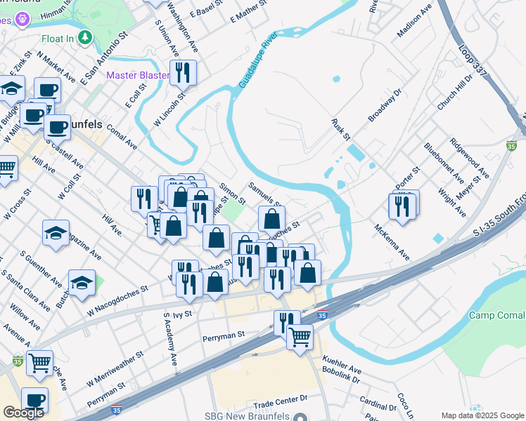 map of restaurants, bars, coffee shops, grocery stores, and more near 376 Comanche Street in New Braunfels