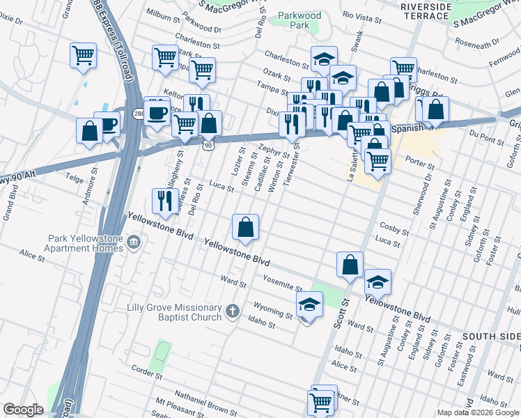 map of restaurants, bars, coffee shops, grocery stores, and more near 6654 Winton Street in Houston