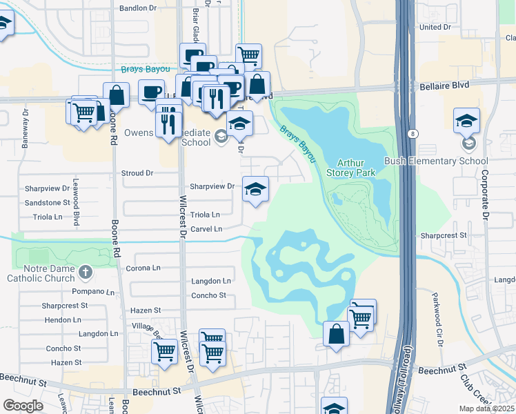 map of restaurants, bars, coffee shops, grocery stores, and more near 10700 Carvel Lane in Houston