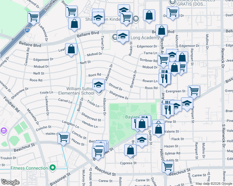 map of restaurants, bars, coffee shops, grocery stores, and more near 6533 Stroud Drive in Houston
