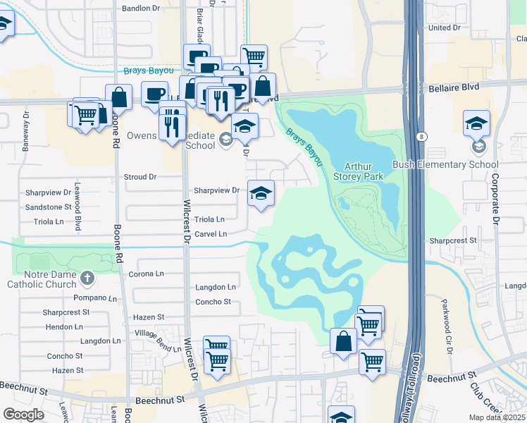 map of restaurants, bars, coffee shops, grocery stores, and more near 10700 Carvel Ln in Houston