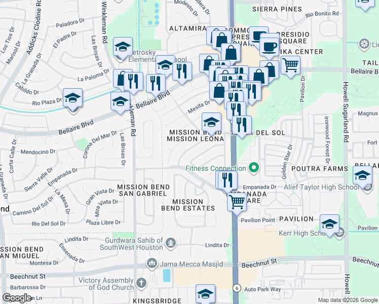 map of restaurants, bars, coffee shops, grocery stores, and more near 7322 Rancho Mission Drive in Houston