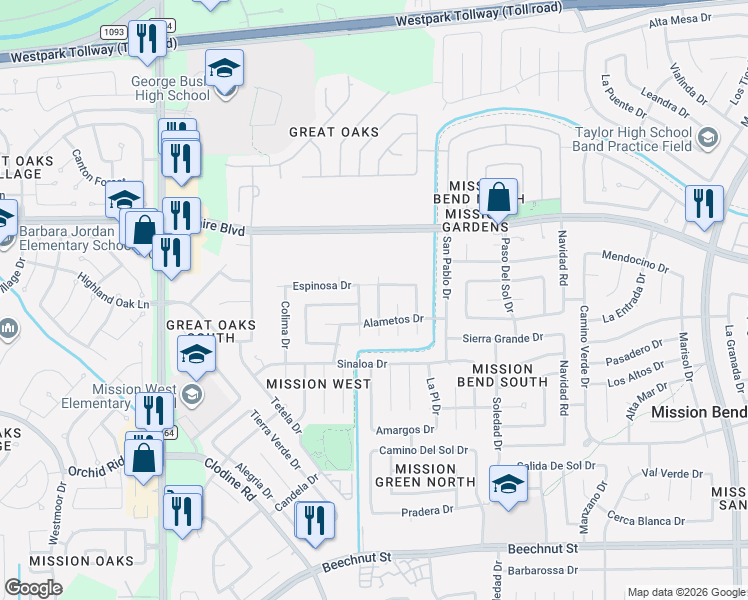 map of restaurants, bars, coffee shops, grocery stores, and more near 7206 Londres Drive in Houston