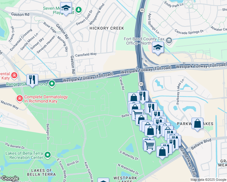 map of restaurants, bars, coffee shops, grocery stores, and more near 12240 Bella Terra Center Way in Richmond
