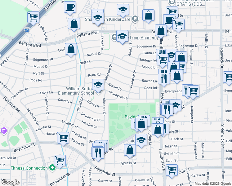 map of restaurants, bars, coffee shops, grocery stores, and more near 6533 Stroud Drive in Houston