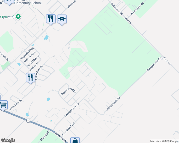 map of restaurants, bars, coffee shops, grocery stores, and more near 531 Willow Valley Street in New Braunfels