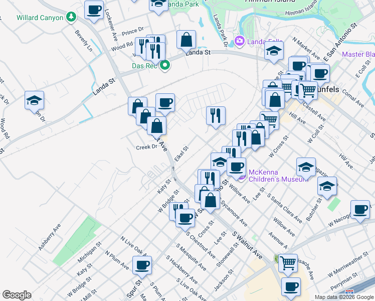 map of restaurants, bars, coffee shops, grocery stores, and more near 857 Eikel Street in New Braunfels