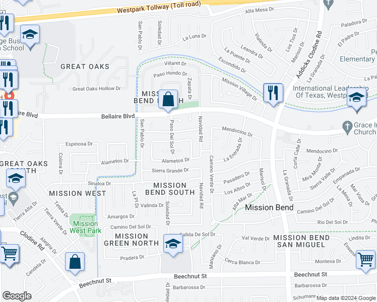 map of restaurants, bars, coffee shops, grocery stores, and more near 16107 Espinosa Drive in Houston