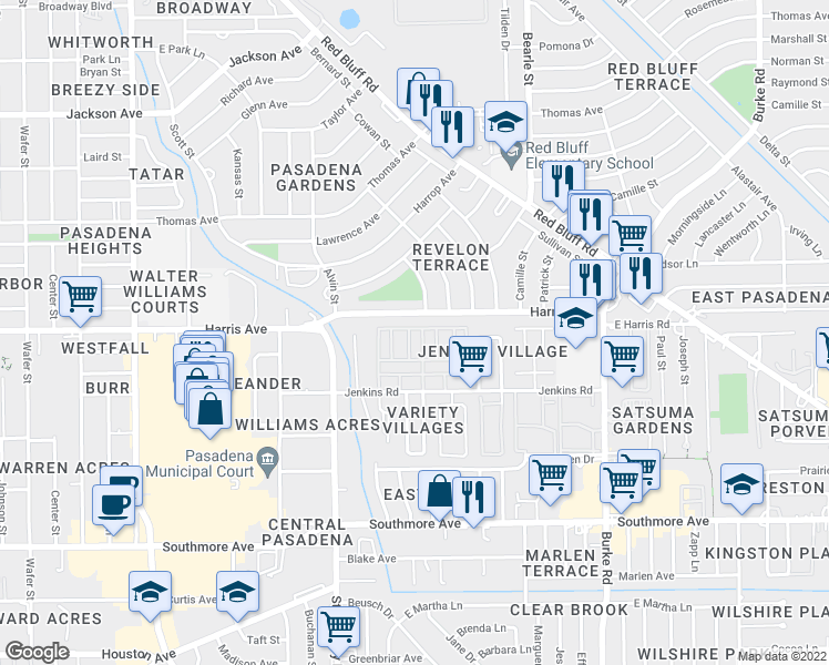 map of restaurants, bars, coffee shops, grocery stores, and more near 1705 Jenkins Road in Pasadena