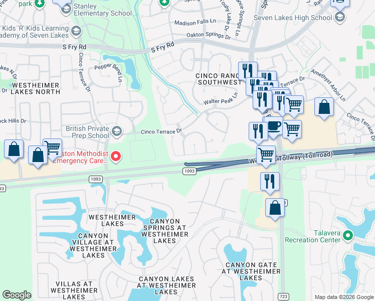 map of restaurants, bars, coffee shops, grocery stores, and more near 9406 West Nightingale Hill Lane in Katy