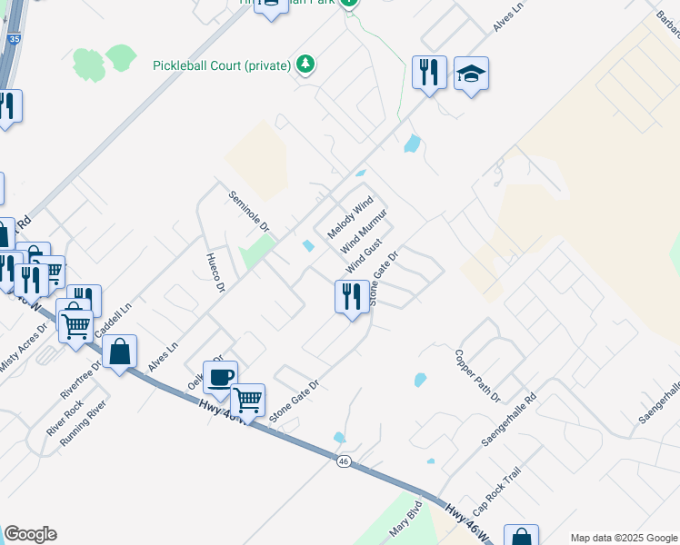 map of restaurants, bars, coffee shops, grocery stores, and more near 407 Wind Gust in New Braunfels