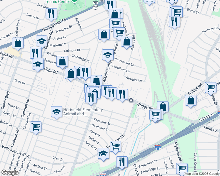 map of restaurants, bars, coffee shops, grocery stores, and more near 5221 Griggs Road in Houston