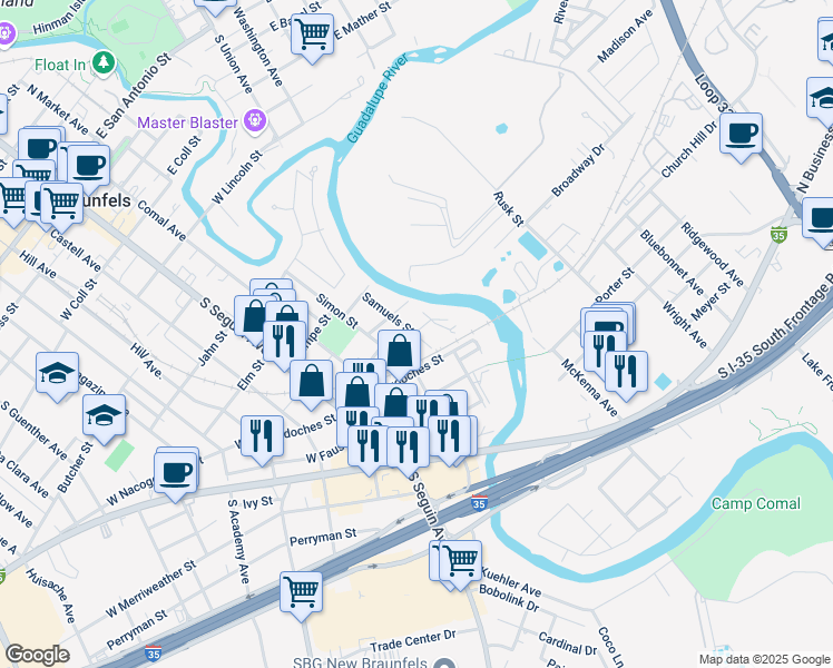 map of restaurants, bars, coffee shops, grocery stores, and more near 457 Seele Street in New Braunfels