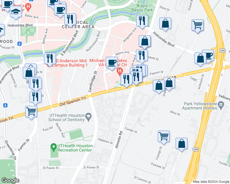 map of restaurants, bars, coffee shops, grocery stores, and more near 2300 Old Spanish Trail in Houston