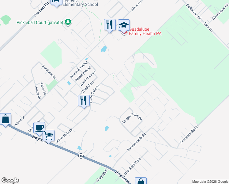 map of restaurants, bars, coffee shops, grocery stores, and more near 1273 Stone Branch in New Braunfels