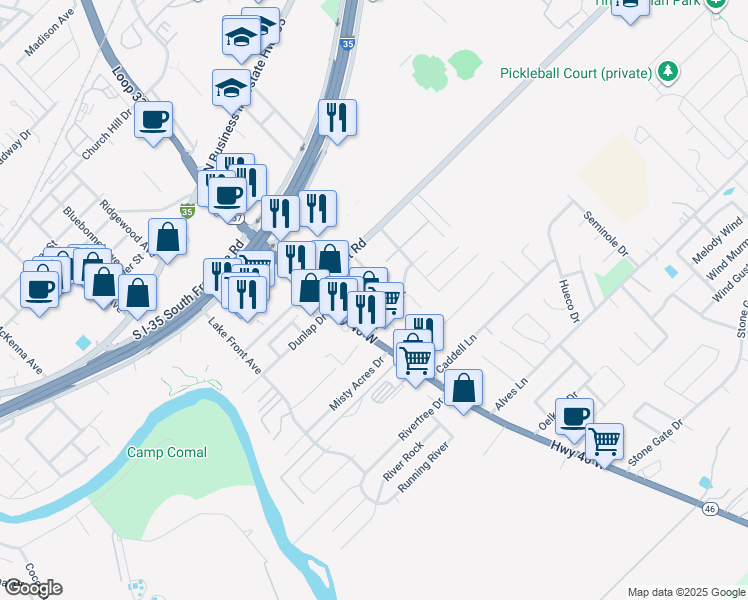 map of restaurants, bars, coffee shops, grocery stores, and more near 585 Advantage Drive in New Braunfels