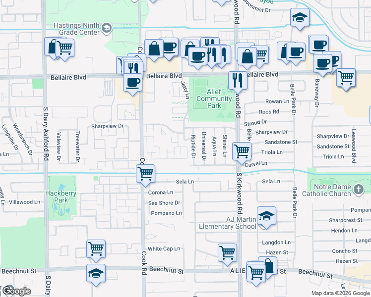 map of restaurants, bars, coffee shops, grocery stores, and more near 7326 Riptide Drive in Houston