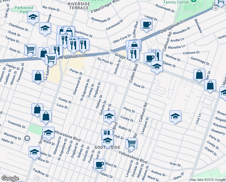 map of restaurants, bars, coffee shops, grocery stores, and more near 6106 Foster Street in Houston