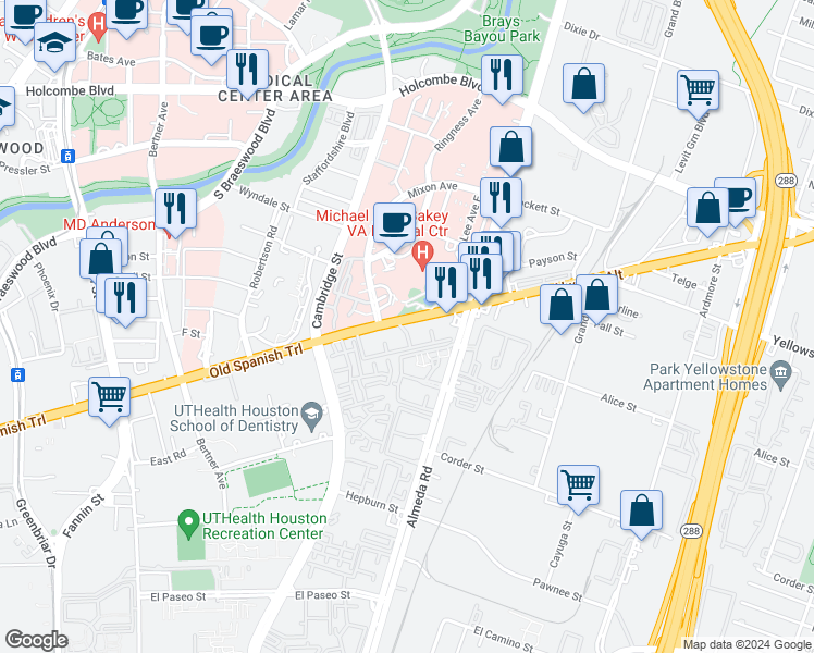 map of restaurants, bars, coffee shops, grocery stores, and more near 2300 Old Spanish Trail in Houston