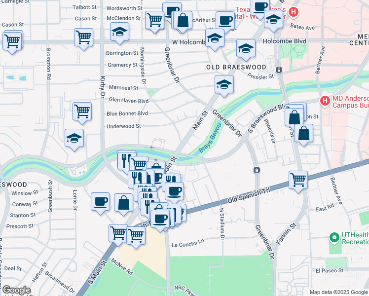 map of restaurants, bars, coffee shops, grocery stores, and more near 7515 Main street in Houston