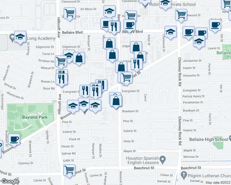 map of restaurants, bars, coffee shops, grocery stores, and more near 1104 Bissonnet Street in Houston