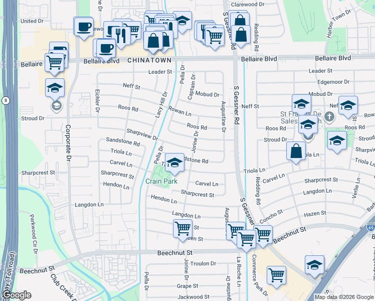 map of restaurants, bars, coffee shops, grocery stores, and more near 8922 Sharpview Drive in Houston